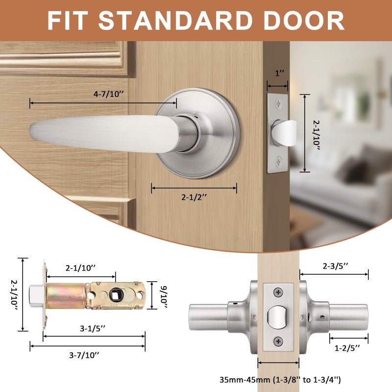 Probrico (6 Pack Unlocking Passage Door Levers Keyless Door Handles with Satin Nickel Finish for Hallway/Closets/Laundry Rooms, Home/Office Use - Image 5